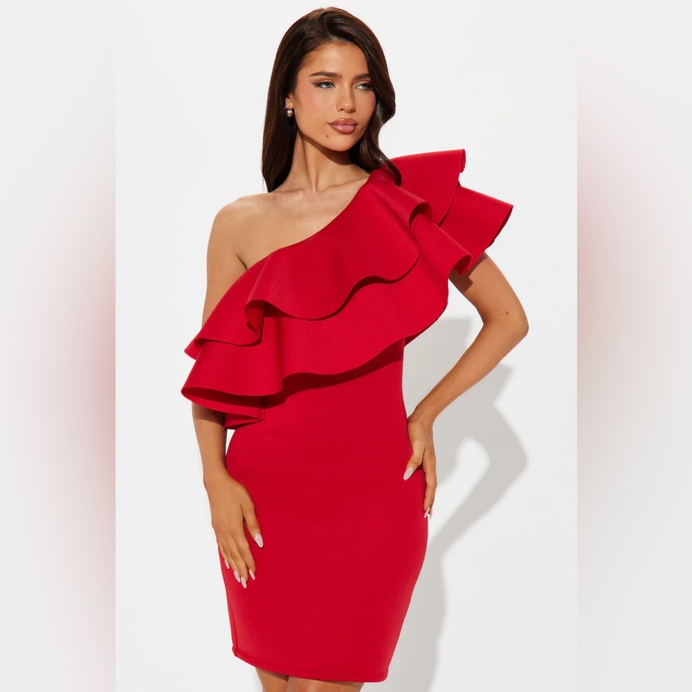 Red off the shoulder mini flare dress